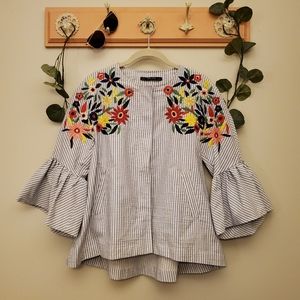 Zara | Floral Embroidered Boho Stripe Ruffled Bell Sleeves Zipper Jacket Size M